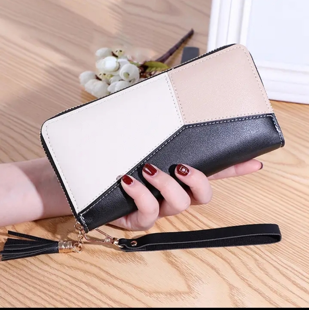 Women’s Colorblock Zip Wallet Clutch - Black, Cream & Tan